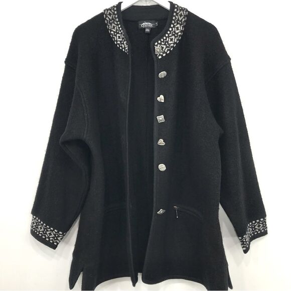 Icelandic Design Black White Nordic Design 100% Wool Sweater Coat - Picture 2 of 16